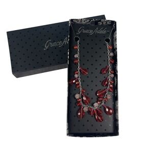 Grace Adele Red Beaded Necklace Silver Tone Teardrop Pave Crystal